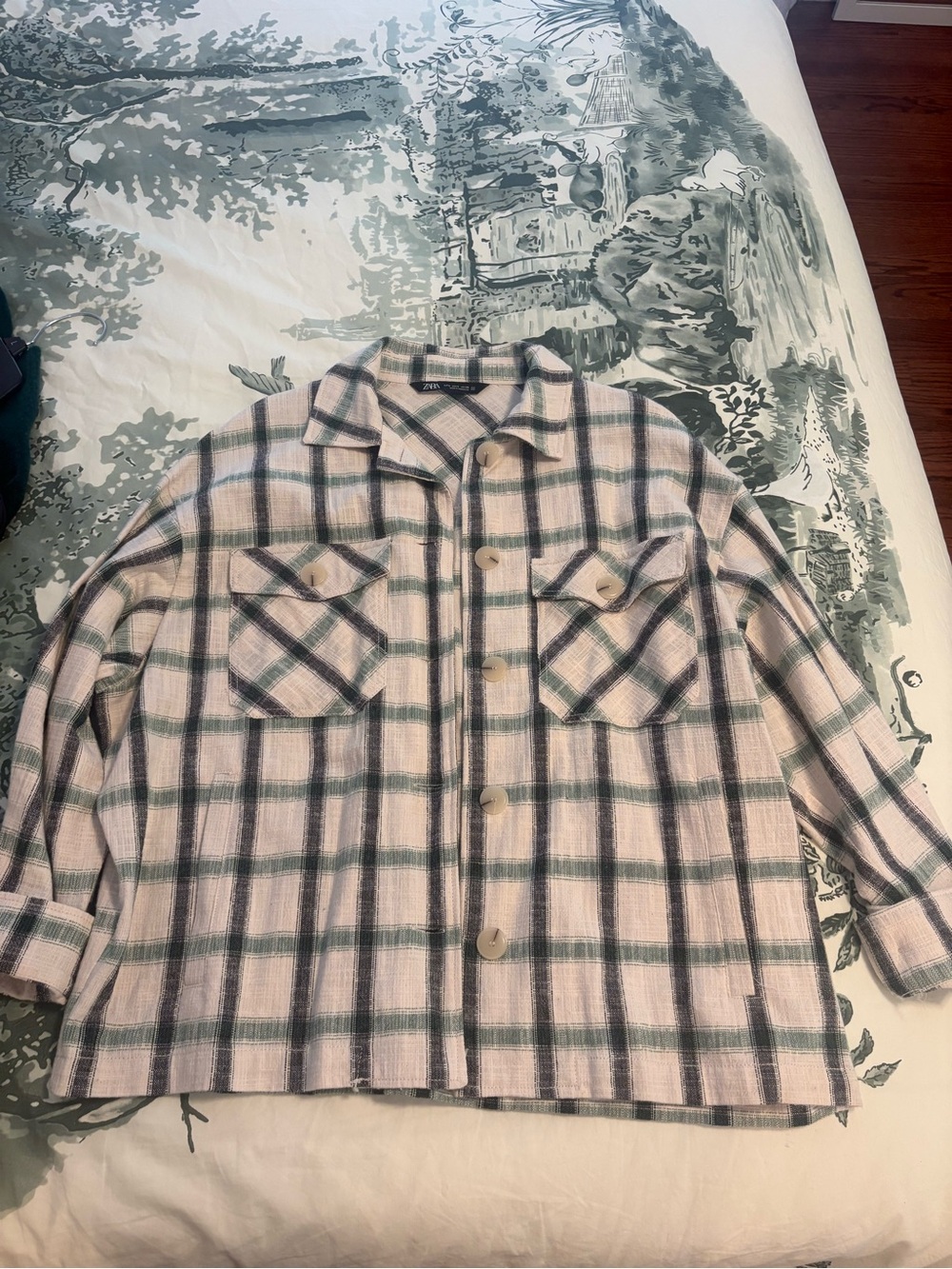 Zara Black and Green Plaid Button-Front Women’s Shacket Size S